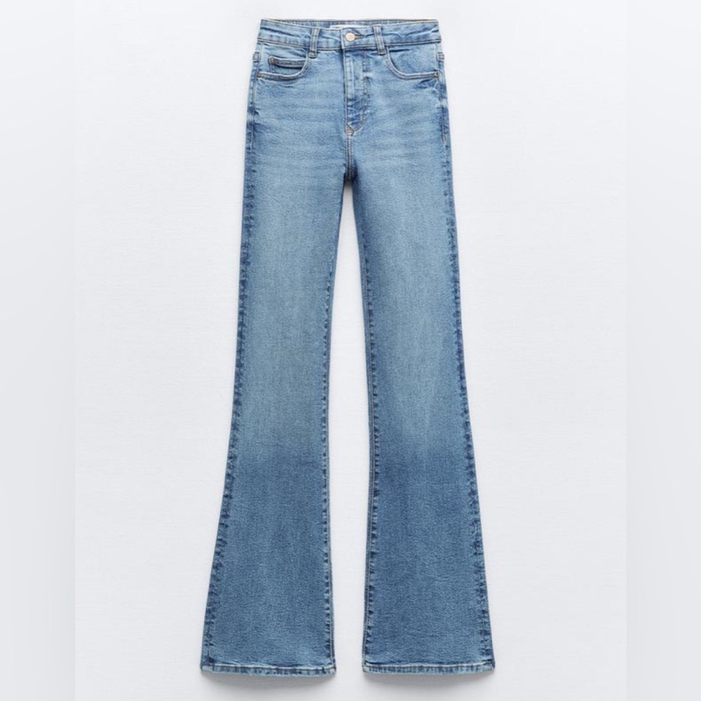Zara High Waisted Flare Bootcut Jeans Z1975 Denim Light Medium Wash Western 8